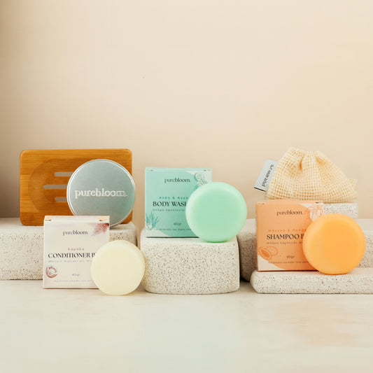 Purebloom Shower Routine Set (Σαμπουάν, Conditioner, Αφρόλουτρο, Βαμβακερή Τσάντα, Μεταλλικό Κουτί, Βάση μπάρας)