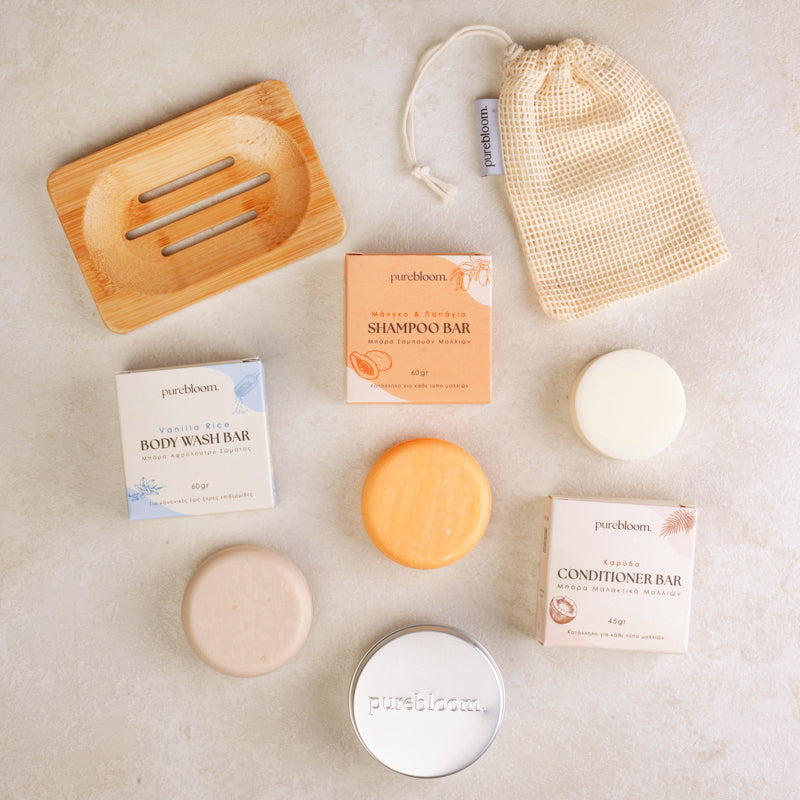Purebloom Shower Routine Set (Σαμπουάν, Conditioner, Αφρόλουτρο, Βαμβακερή Τσάντα, Μεταλλικό Κουτί, Βάση μπάρας)