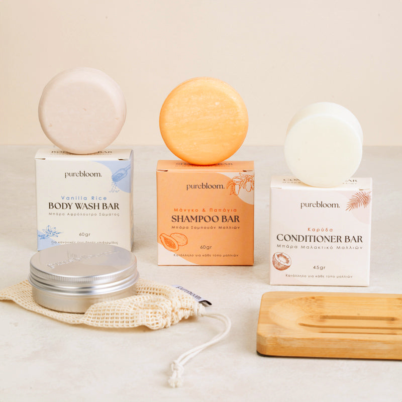 Purebloom Shower Routine Set (Σαμπουάν, Conditioner, Αφρόλουτρο, Βαμβακερή Τσάντα, Μεταλλικό Κουτί, Βάση μπάρας)