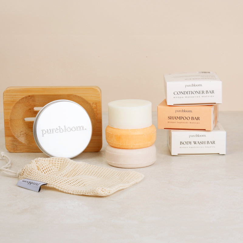 Purebloom Shower Routine Set (Σαμπουάν, Conditioner, Αφρόλουτρο, Βαμβακερή Τσάντα, Μεταλλικό Κουτί, Βάση μπάρας)