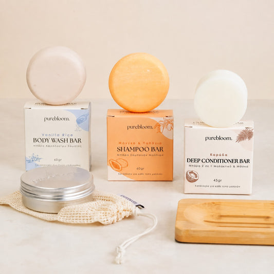 Purebloom Shower Routine Set (Σαμπουάν, Conditioner, Αφρόλουτρο, Βαμβακερή Τσάντα, Μεταλλικό Κουτί, Βάση μπάρας)